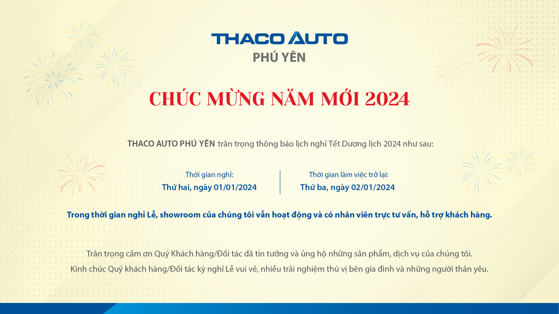 THÔNG BÁO LỊCH NGHỈ LỄ TẾT DƯƠNG LỊCH 2024